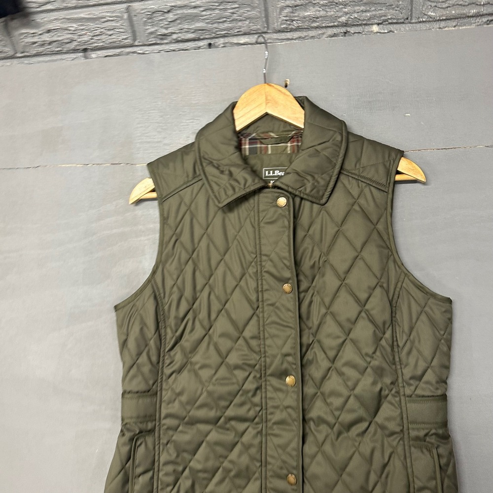 LLBean Quilted Vest Olive Green Snap Front Pockets Women Size M REG